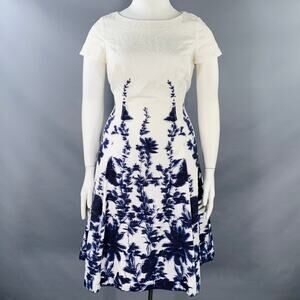 CAROLINA HERRERA Size 12 White Indigo Cotton Blend Abstract Floral Dress